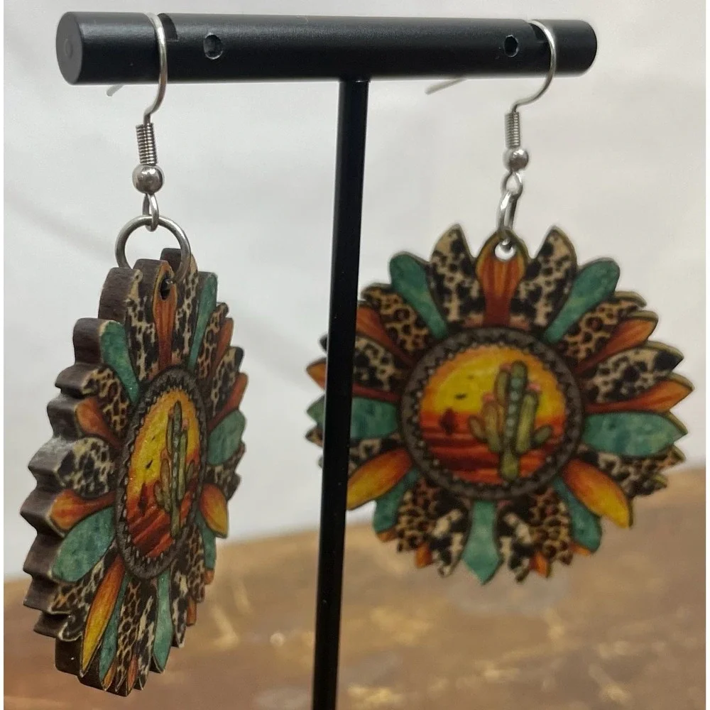 Western Cactus Sunflower Wood‎ Dangle Earrings Leopard Print Boho Festival
